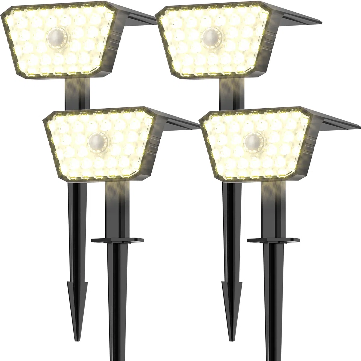 Luci Solari da Giardino con Sensore di Movimento, Lampade Solari da Esterno 4 Pezzi, 4 Modalità di Lavoro, IP67, Installazione a Parete o a Terra per Cortile e Garage - Bianco Caldo