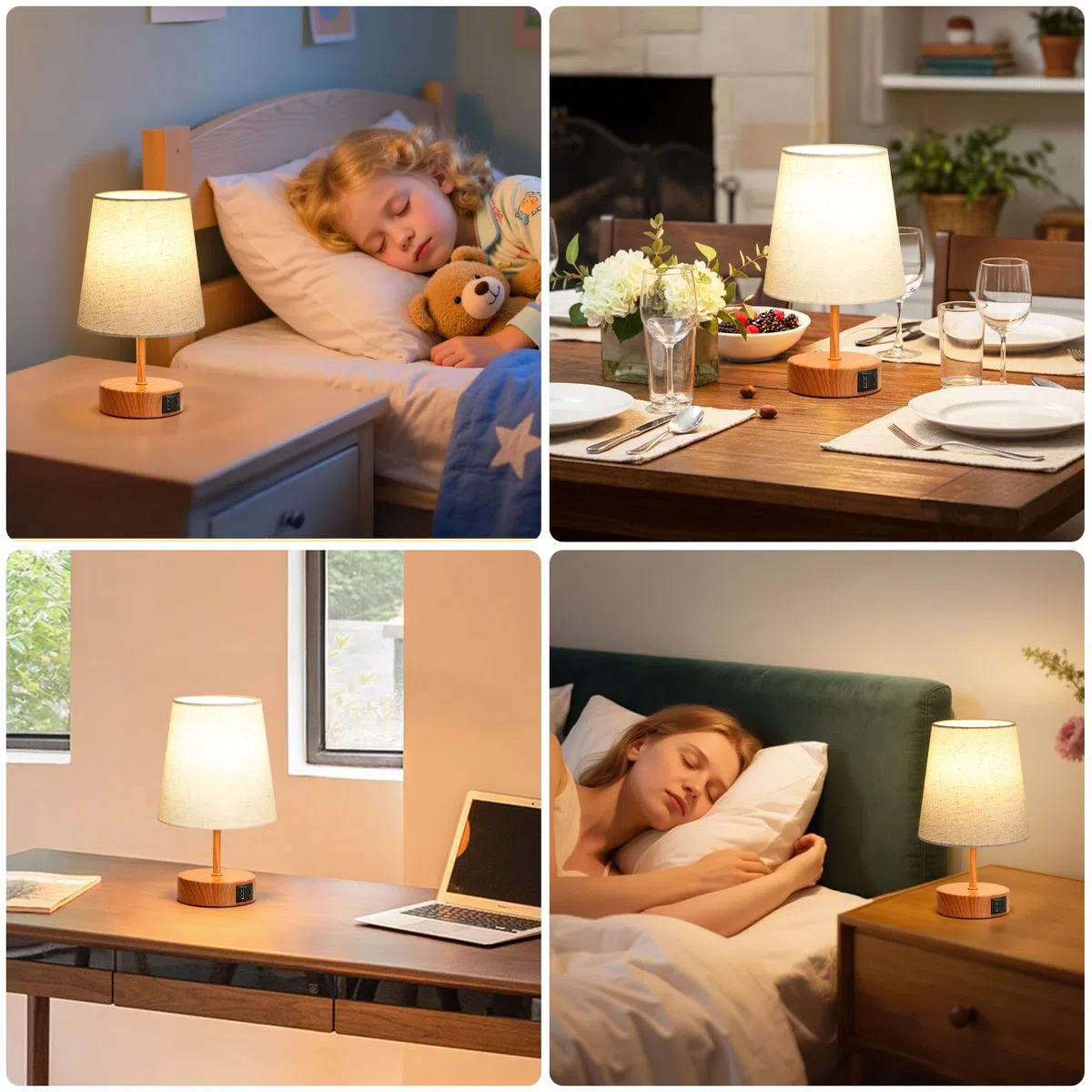 Lampada da Comodino Touch con Porte di Ricarica USB-C+A, Dimmerabile a 3 Vie, Paralume in Lino Base in Legno Scuro, Piccola Lampada da Tavolo per Camera da Letto Soggiorno Ufficio