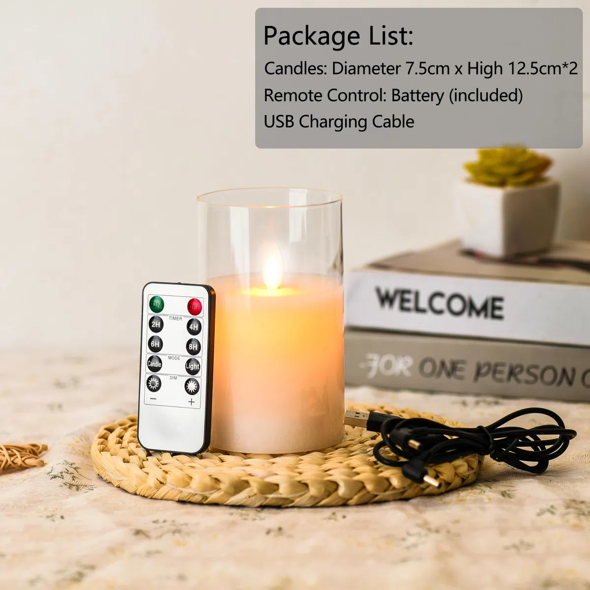 FiiMoo Candele LED Ricaricabile, 2 Pezzi, Candele USB Ricaricabili, Candele Batteria, Candele LED Senza Fiamma, Candela in Vetro con Telecomando Per Natale, Festa, Vacanze, Hotel Decorazione-12.5cm