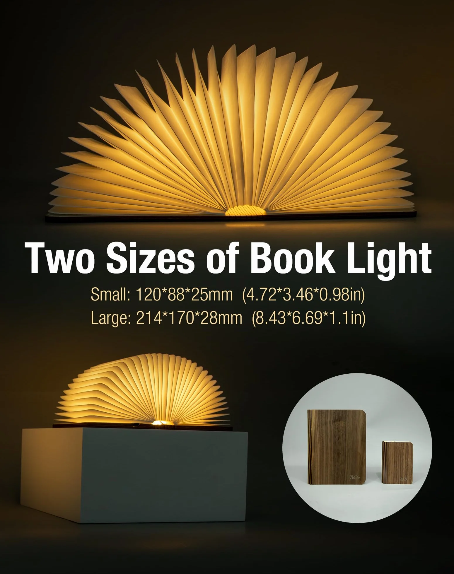 Lampada da Libro in Legno, Lampada Pieghevole a 3 Colori, Luce Ambientale LED con USB-C, Regalo di Natale e Compleanno (12 cm in Noce)
