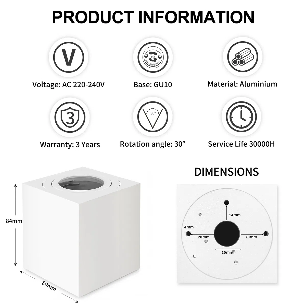 GeyouLux Faretti GU10 da Soffitto Bianco, 80x84mm Faretti da Superficie Quadrati, Orientabili 30°, Plafoniera 230V con Attacco GU10, Spot in Alluminio, Senza Lampadine, 2 Pezzi