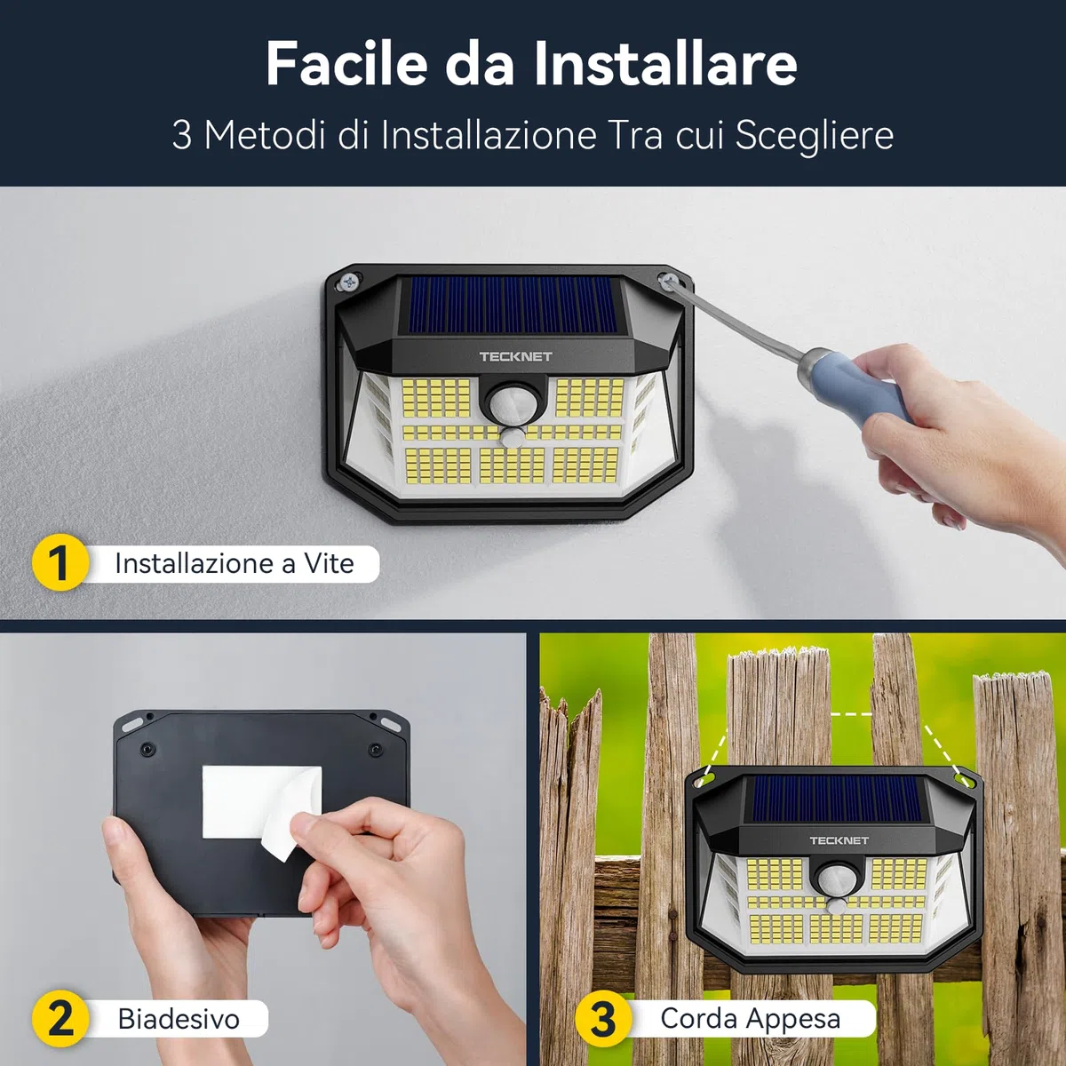 TECKNET Luci Solari Esterno, 231 Faretti Solari a Led da Esterno, 300° Super Luminoso, 3 Modalità con Sensore di Movimento, Lampada da Parete Impermeabile IP65 per Giardino, Patio e Garage - 4 Pezzi