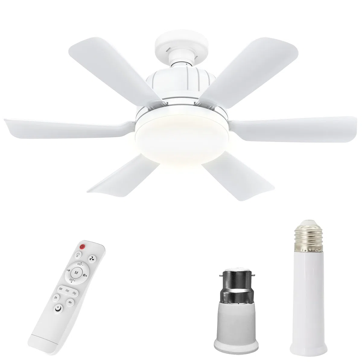 Kouamor 46cm Ventilatori A Soffitto Con Luci Telecomando, Ventilatore Da Soffitto Con Attacco E27, 3 Colori & 3 Velocità, 2/4h Timer, Per Soggiorno Camera Da Letto (Bianco+Estensione Barra)