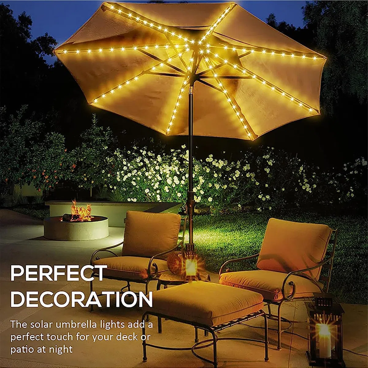 Luci per ombrellone, 104 LED impermeabili a batteria con telecomando, 8 modalità di illuminazione per esterni, patio, giardino, tende da campeggio (Bianco caldo)