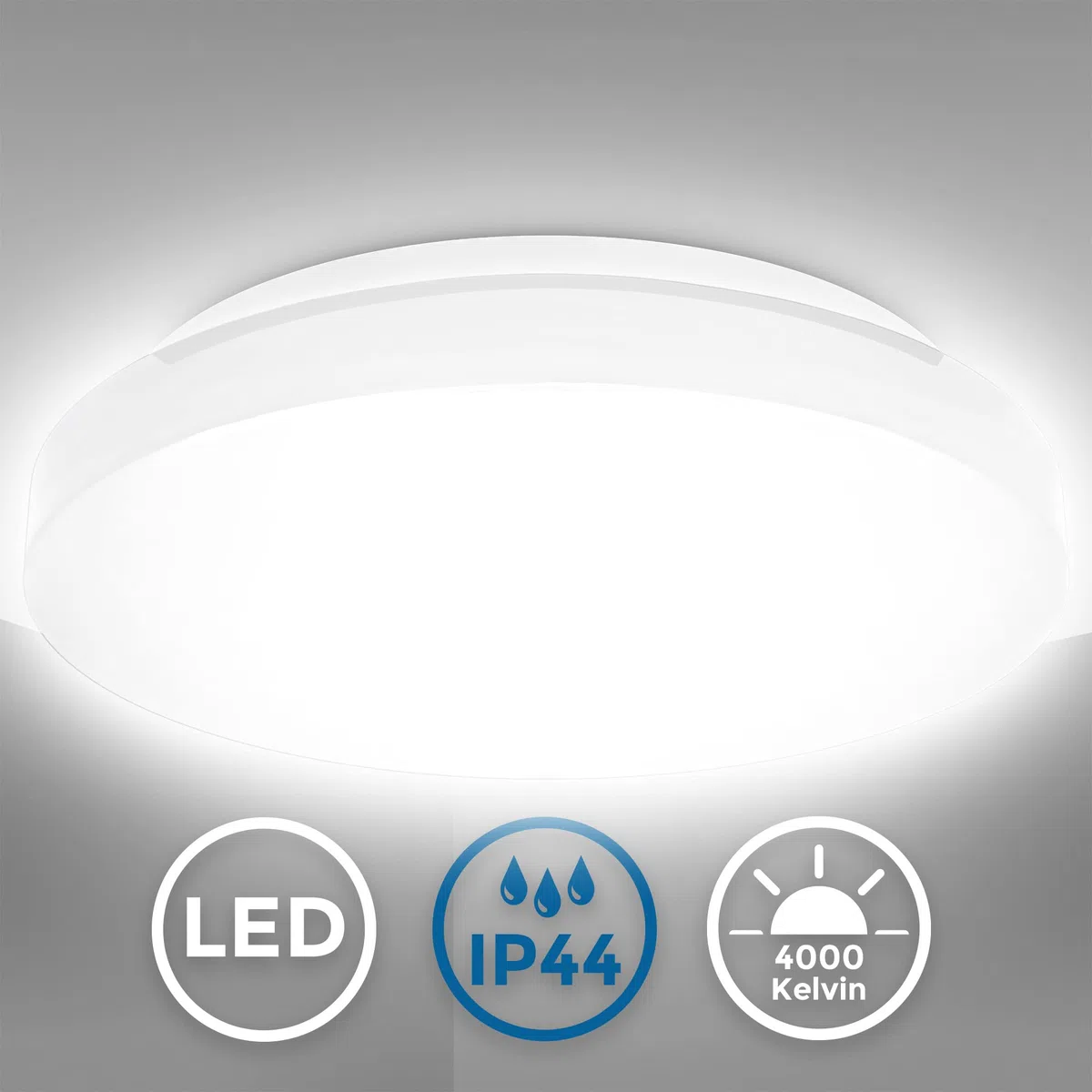 B.K.Licht Plafoniera LED da bagno 12W, luce bianca naturale 4000K, 1200Lm, lampadario resistente agli schizzi d'acqua IP44, diametro 29cm, lampada da soffitto moderna, plastica, 230V