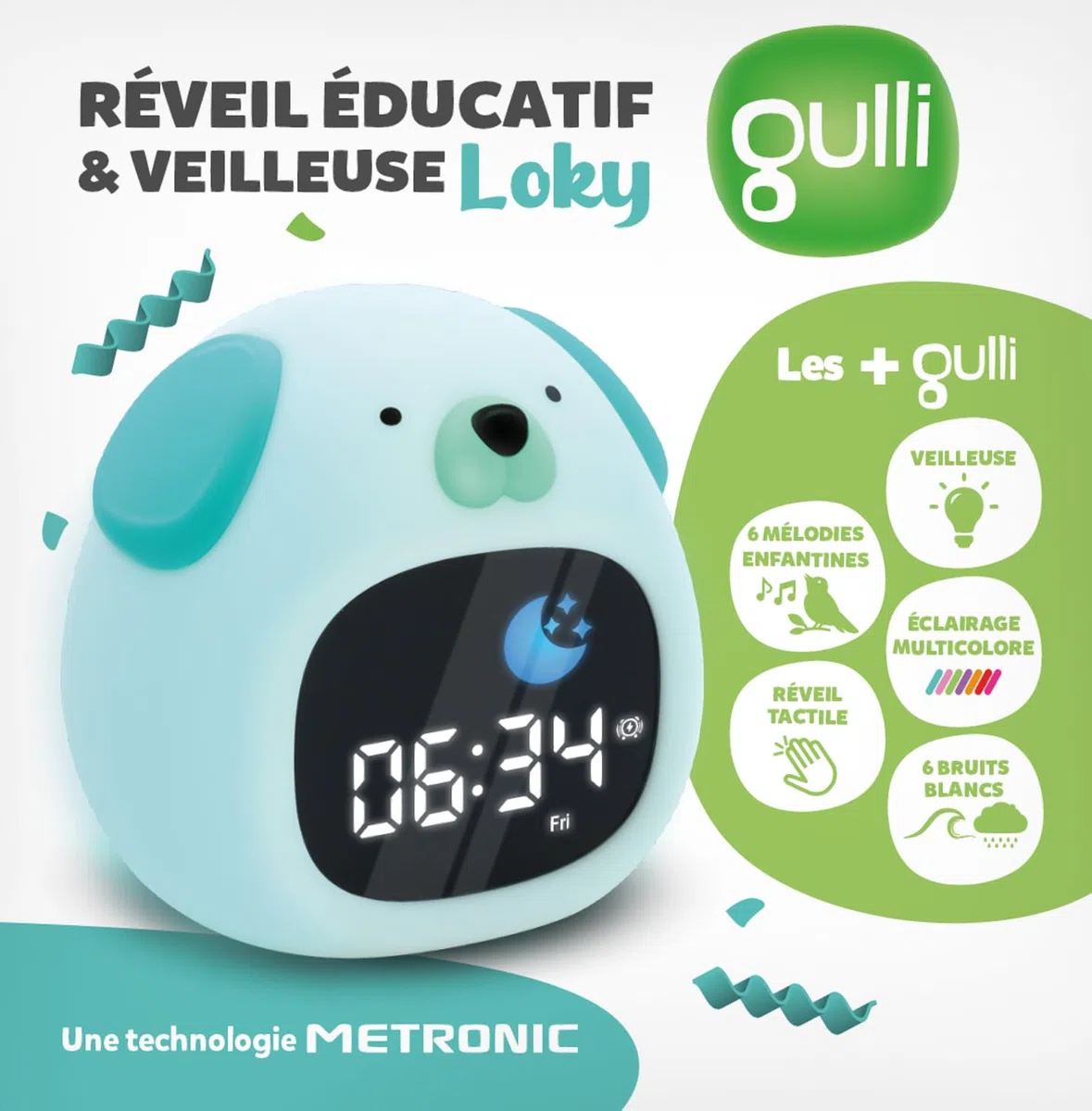 METRONIC 477537 - Sveglia per bambini educativa con cane con luce notturna per ragazza e ragazzo, visualizzazione orologio digitale, apprendimento pedagogico intelligente giorno notturno, con batteria