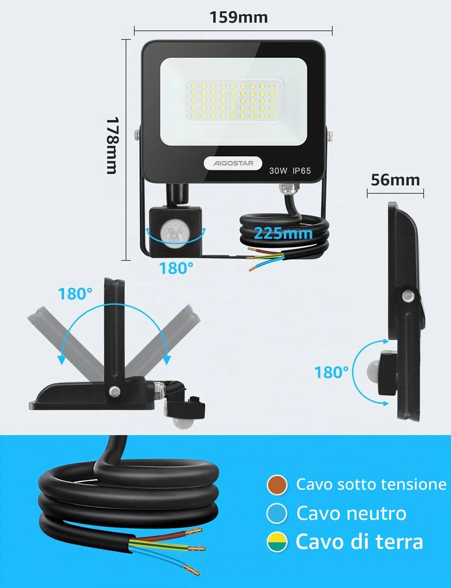 Aigostar- 30W Faretto Led da Esterno con Sensore di Movimento, Faro LED Esterno, 2750LM, Bianco Freddo 6500K, IP65 Impermeabile, Faretti LED per Giardino, Cortile, Patio, Garage, Confezione da 2