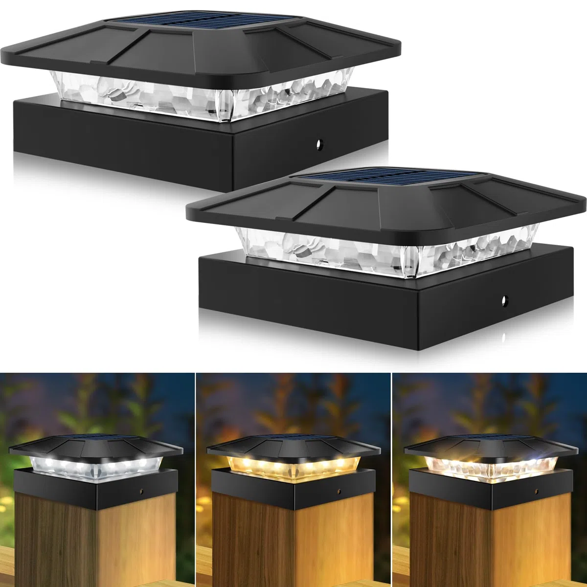 Peasur Lampada solare a palo, 3 modalità, 10 x 10 cm, per pali di recinzione, pali in legno, impermeabile, decorazione da giardino per pali in legno, recinzione, terrazza, 2 pezzi