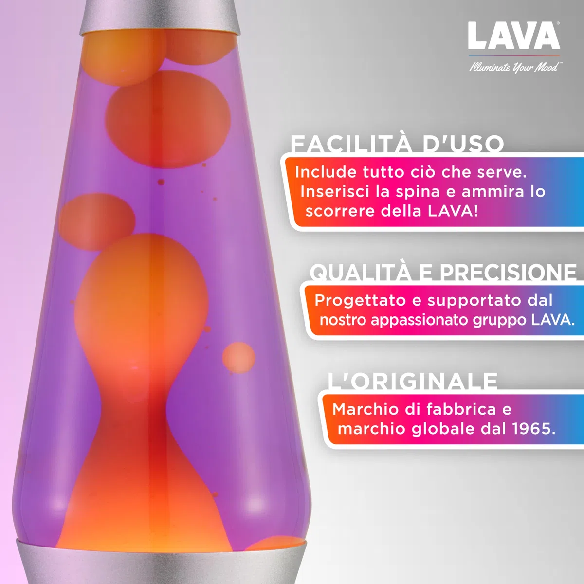 LAVA® - Lampada Lava 2125, cera gialla, liquido viola, base e cappuccio argento, lampada di movimento originale di marca LAVA® da 14,5 pollici