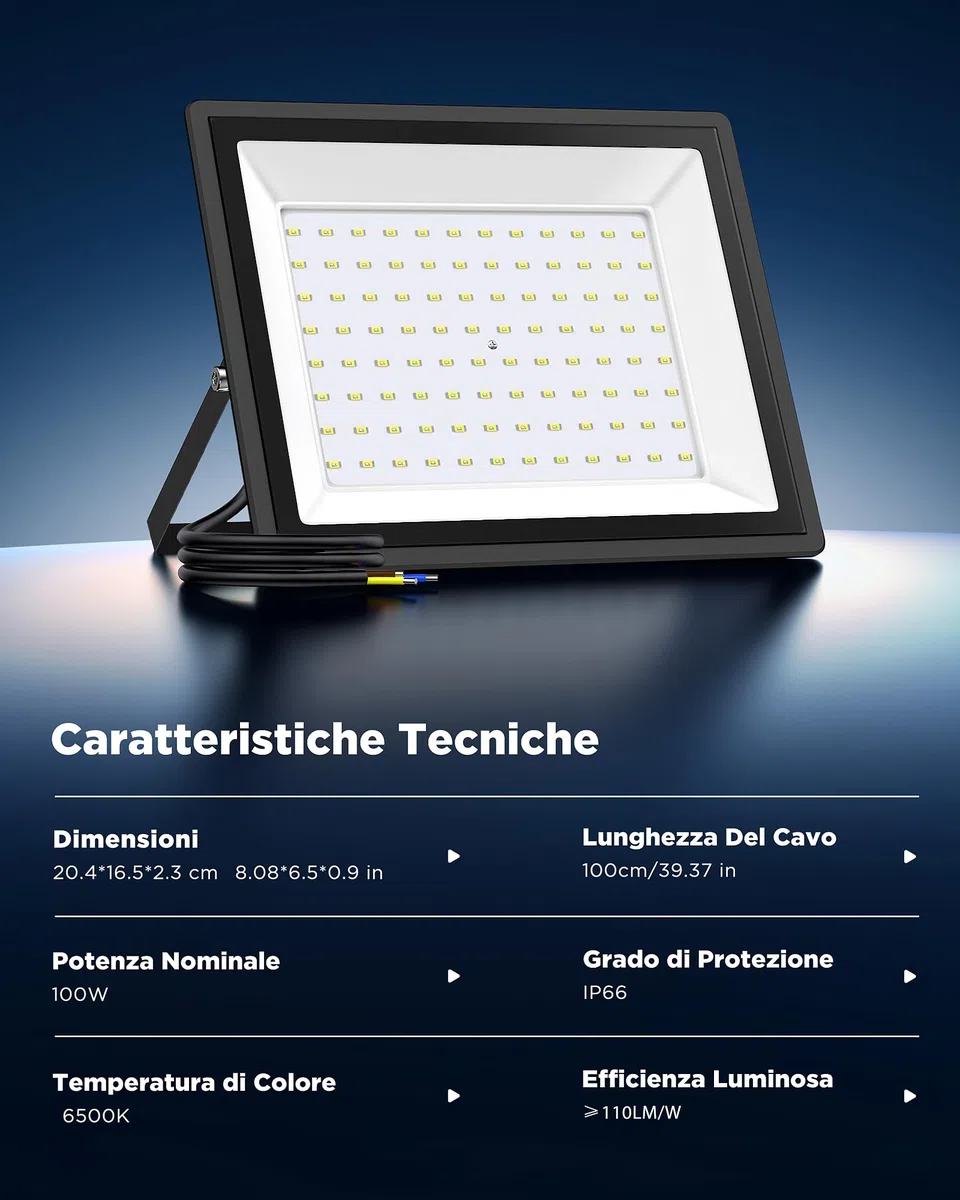 100W Faretti LED Esterno, 11000LM, 6500K, IP66 Impermeabile, Proiettore Bianco Fresco, Riflettore Ultra Luminoso, Ideale Per Cortili, Giardini, Cantieri e Parcheggi (1, 100, Watt)