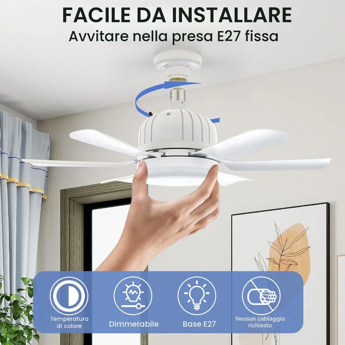 Ventilatore da soffitto con luce e telecomando - Ventilatore da soffitto silenzioso E27 da 46 cm con 3 livelli, lampada LED dimmerabile, 3 livelli di vento, timer 2/4 ore, per la stanza (bianca)