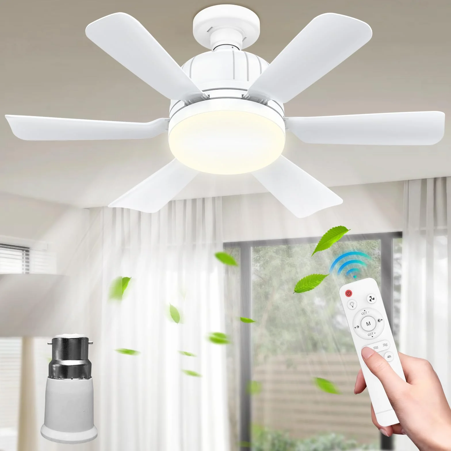 Ventilatore da soffitto con luce e telecomando - Ventilatore da soffitto silenzioso E27 da 46 cm con 3 livelli, lampada LED dimmerabile, 3 livelli di vento, timer 2/4 ore, per la stanza (bianca)