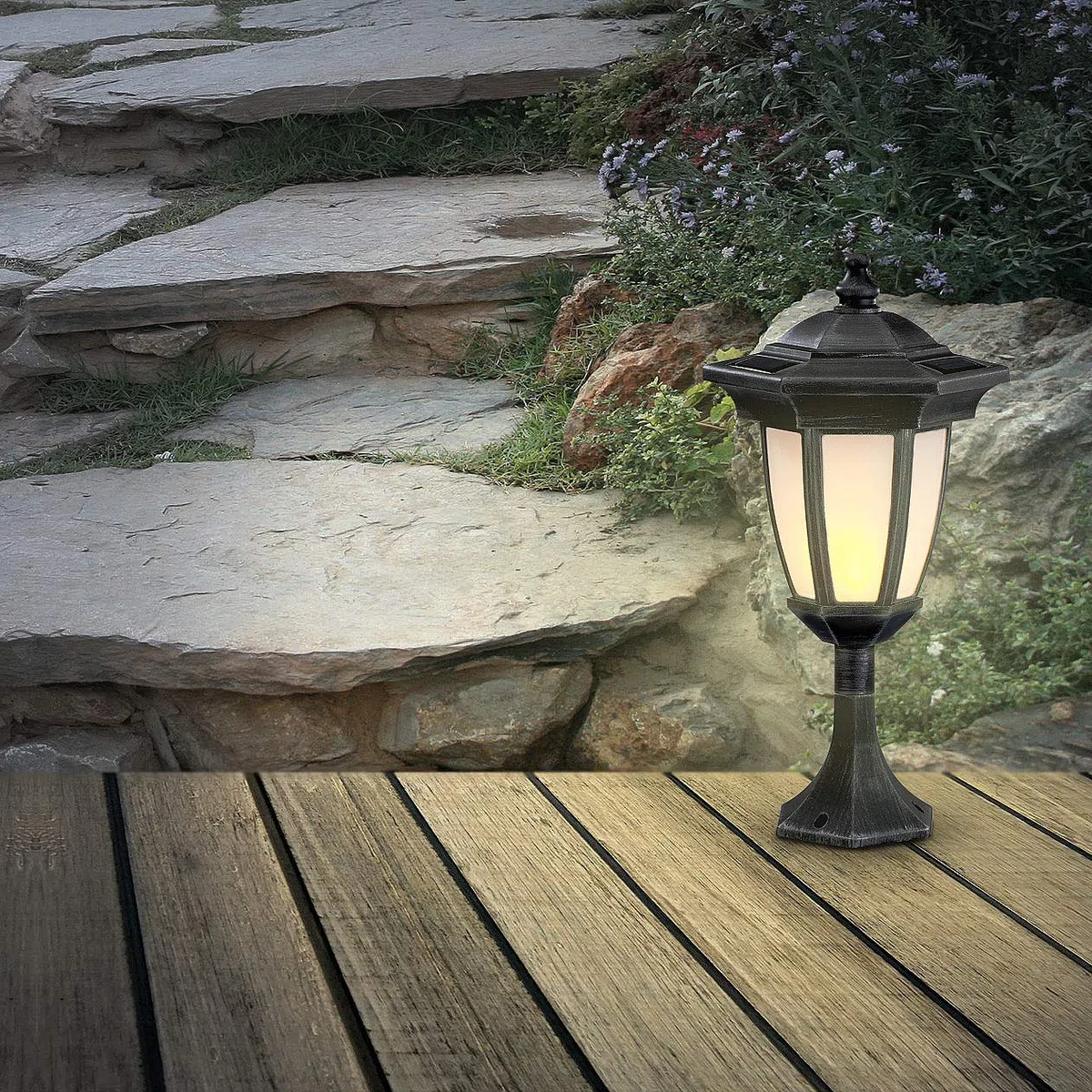 Lunartec Illuminazione Esterna: Lanterna da Terra e da Parete Solare a LED, Effetto Fiamma, IP44 (Lampada Solare LED Giardino, Illuminazione Decorativa Giardino, Fiamma)