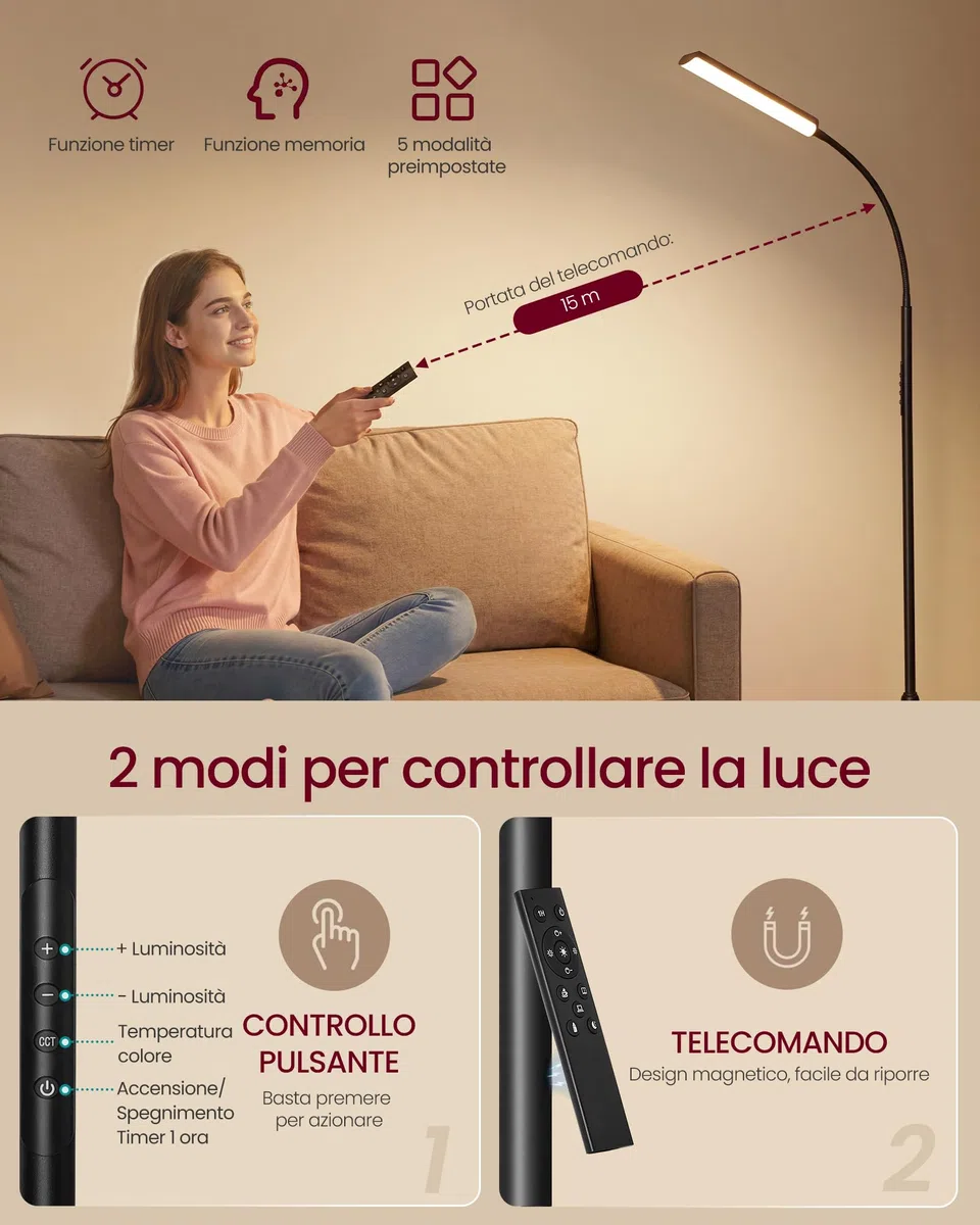 VASAGLE Lampada da Terra, Altezza Regolabile 141-175 cm, Piantana Moderna da 15 W con Testa Flessibile a 360°, Timer e Funzione di Memoria, Pulsante e Telecomando, Soggiorno, Nero Opaco LFL007BD02