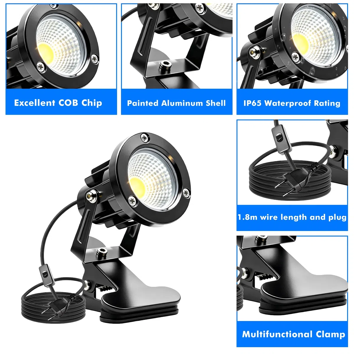 Faretto a LED con morsetto: alloggiamento in alluminio, IP65, impermeabile, da giardino con spina e interruttore da 1,8 m, illuminazione da giardino per interni ed esterni (bianco caldo)