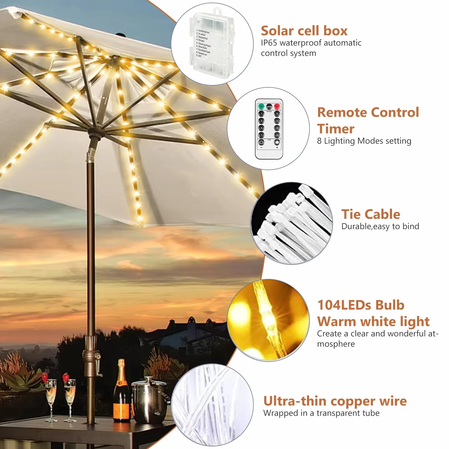 Illuminazione per ombrellone, 104 LED Illuminazione per ombrellone con telecomando, IP67 Luce a catena per ombrellone, Luci per ombrellone da giardino, Striscia luminosa decorativa per baldacchino per