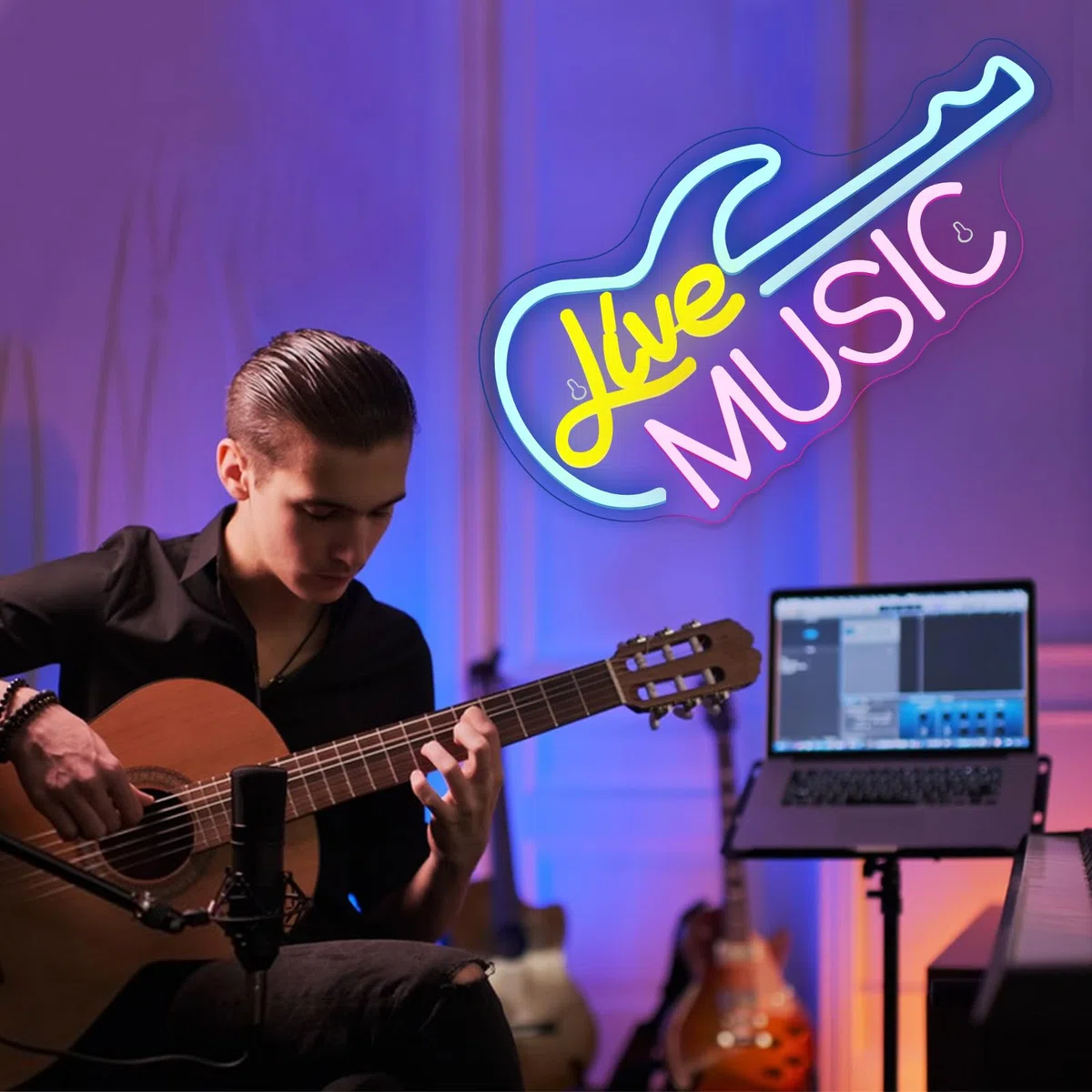 Segno al Neon LED Chitarra Live per Parete USB Alimentazione Regolabile Bar Musicale