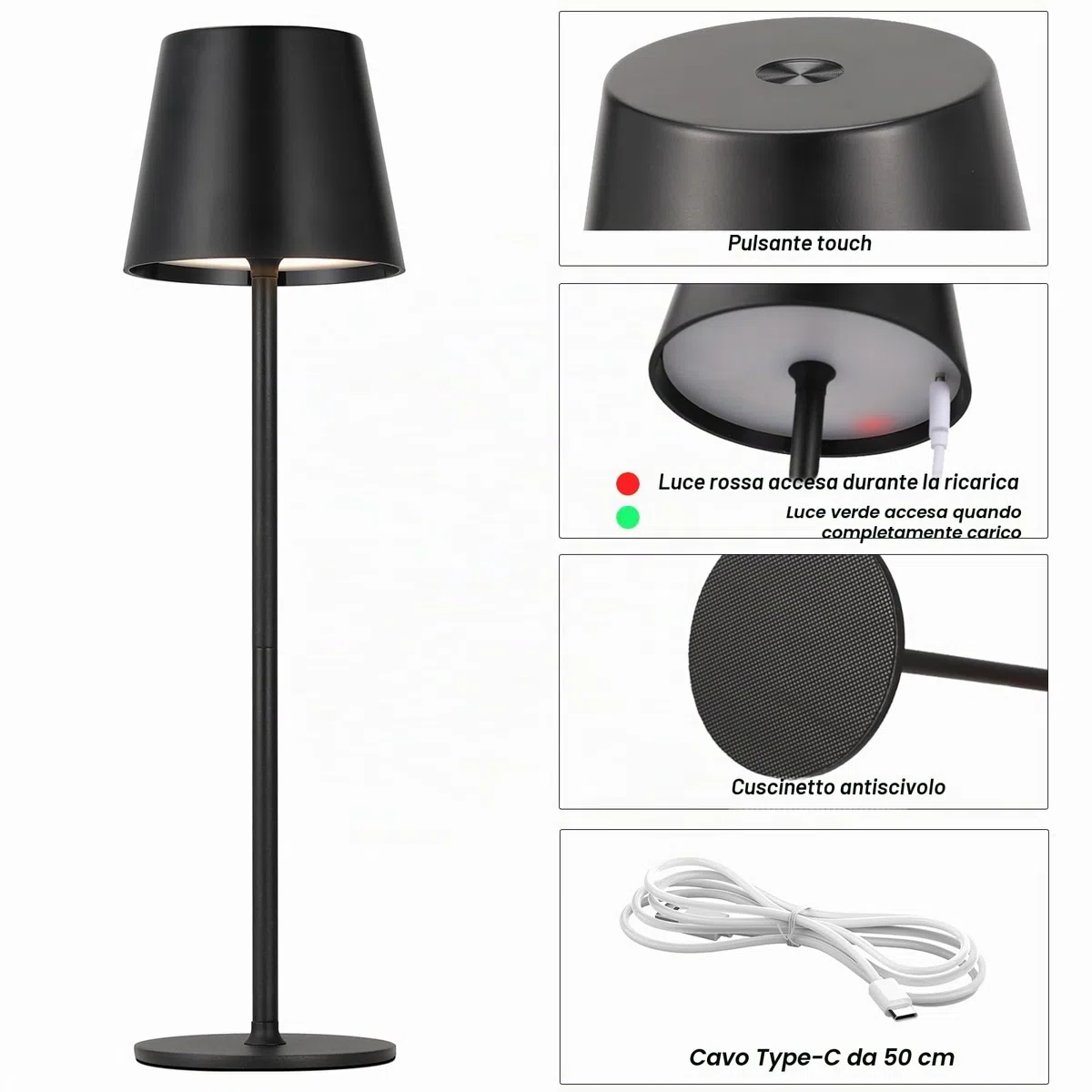 Lampada da Tavolo Senza Fili LED Dimmerabile, 3 Modalità di Colore, Lampada da Comodino Touch Ricaricabile per Camera da Letto, Soggiorno, Campeggio all'aperto Esterno Verande(Nero)