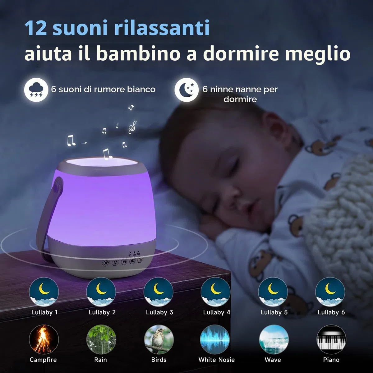 One Fire Lampada da Comodino, 16 Colori 5 Luminosità Luce Notturna Neonato,16 Rumore Bianco 6 Lullaby Lampade da Comodino, Telecomando Timer Lampada Notturna Bambini,USB Ricaricabile Lampada Comodino