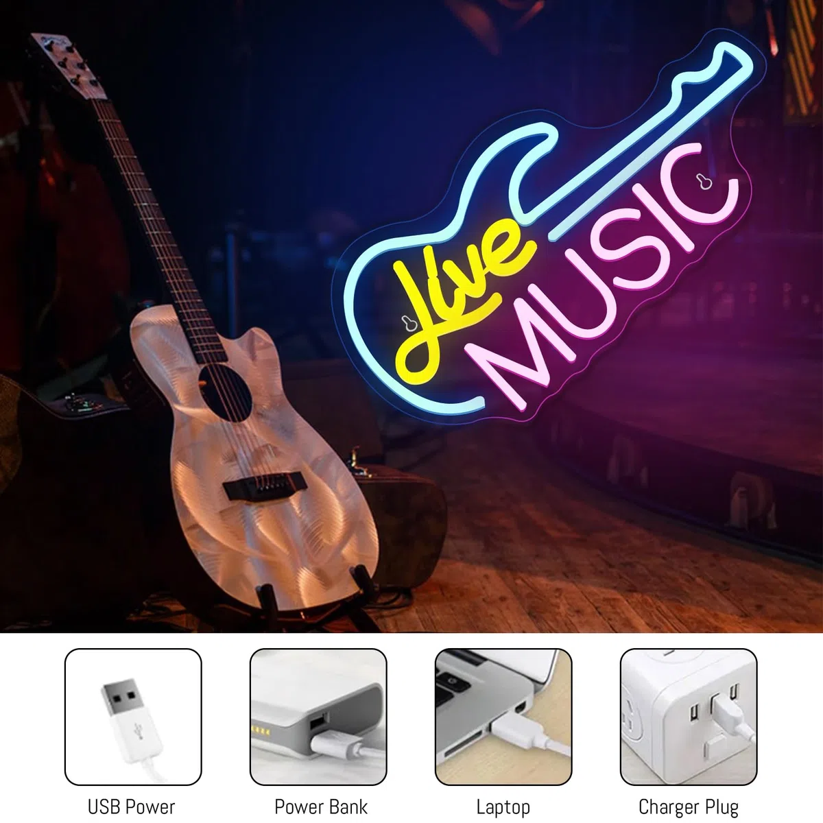 Segno al Neon LED Chitarra Live per Parete USB Alimentazione Regolabile Bar Musicale
