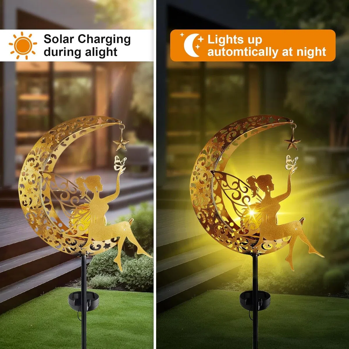 YeahBoom Lampada solare a forma di luna, da giardino, per esterni, per balcone, elfo, fata, impermeabile, per esterni, esterni, terrazza, cortile, prato