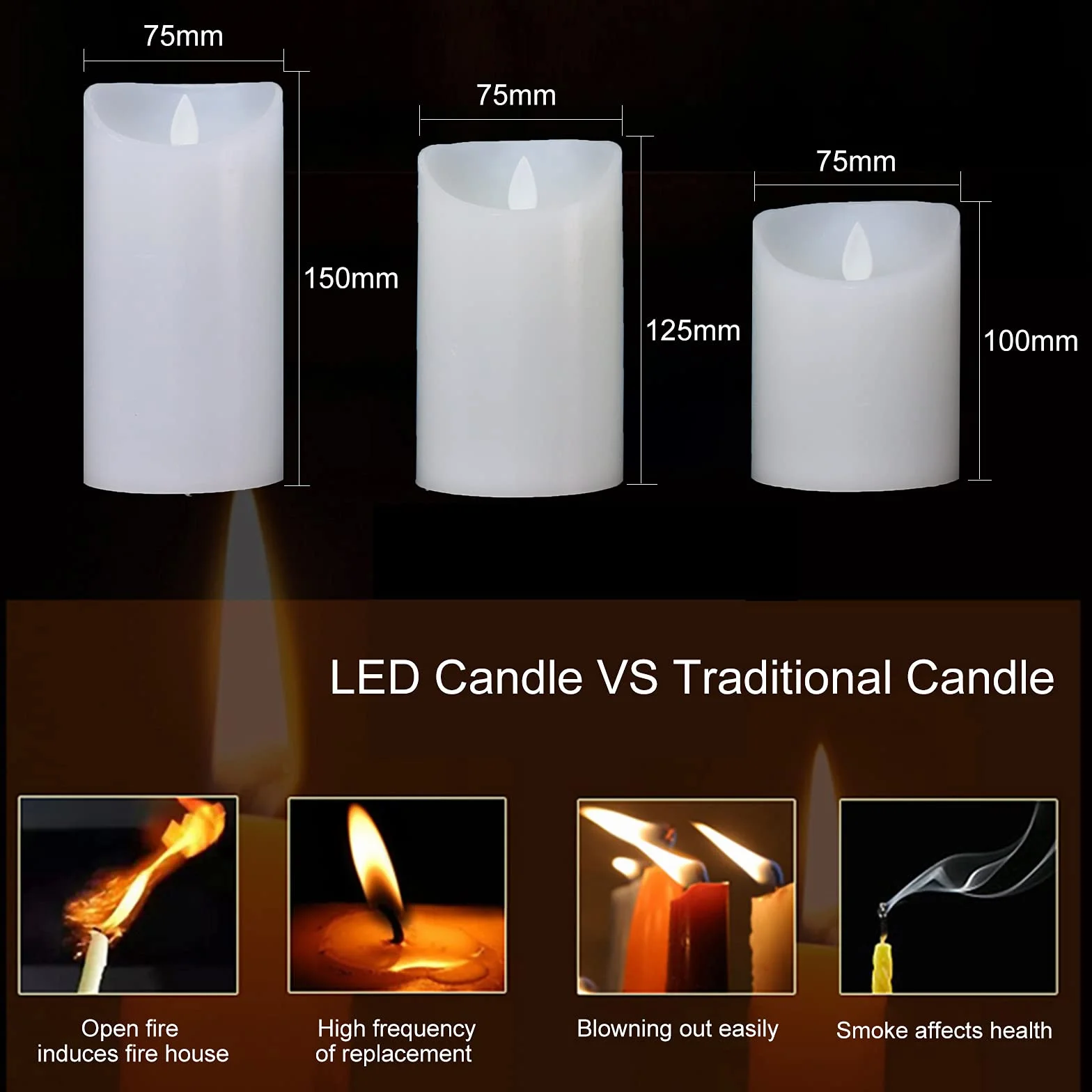 Candele LED finte fiamma oscillante set 3 (10cm, 12.5cm, 15cm), natale decorazioni, lanterne natalizie da interno, bianco caldo