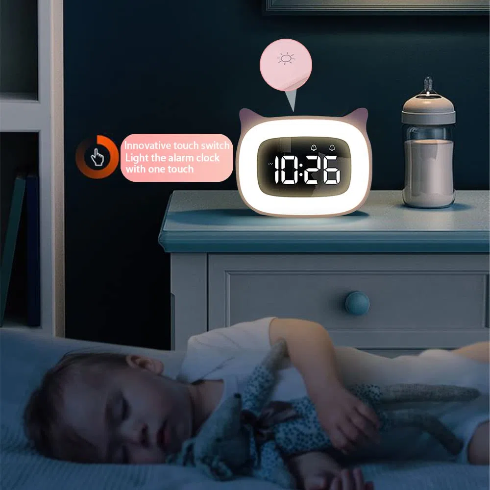 Sveglia Digitale Bambini, sveglia da comodino digitale 18 Musica allenamento del sonno per bambini Doppia Sveglia con Snooze LED Wake up Light Funzione di Ricarica, Rosa