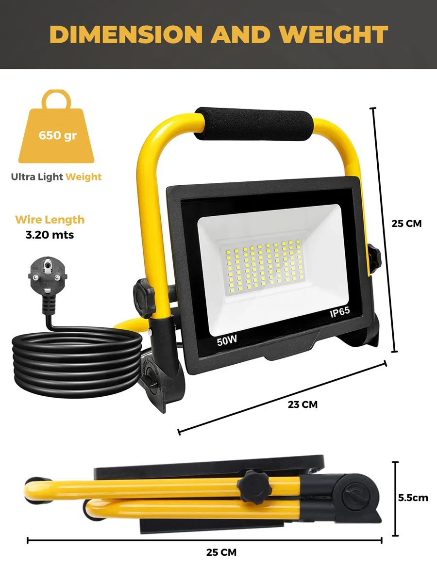 Faretto LED da Cantiere 50W, Faretto Portatile, Luce di Inondazione Bianca 6000K, 5000LM, Girevole a 360º, Impermeabile IP65, Pieghevole, cavo da 3 m. Illuminazione esterna, Officina, Lavoro, Garage