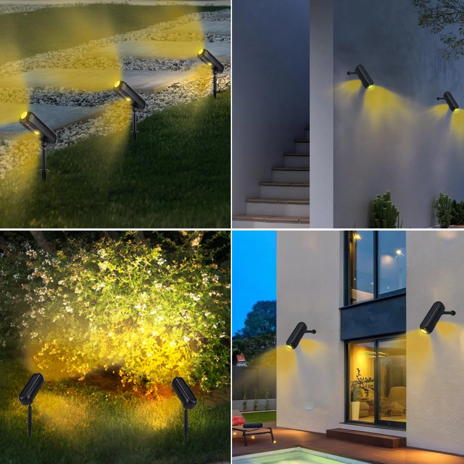 T-SUN 4 Pezzi Faretti Solari, 3000K Faretti Solari da Esterno Regolabile, 2 Modalità Lampada da Giardino Solare, Impermeabile IP65 Potenti Luci Da Esterno Giardino per Alberi, Giardini, Strade, Prati