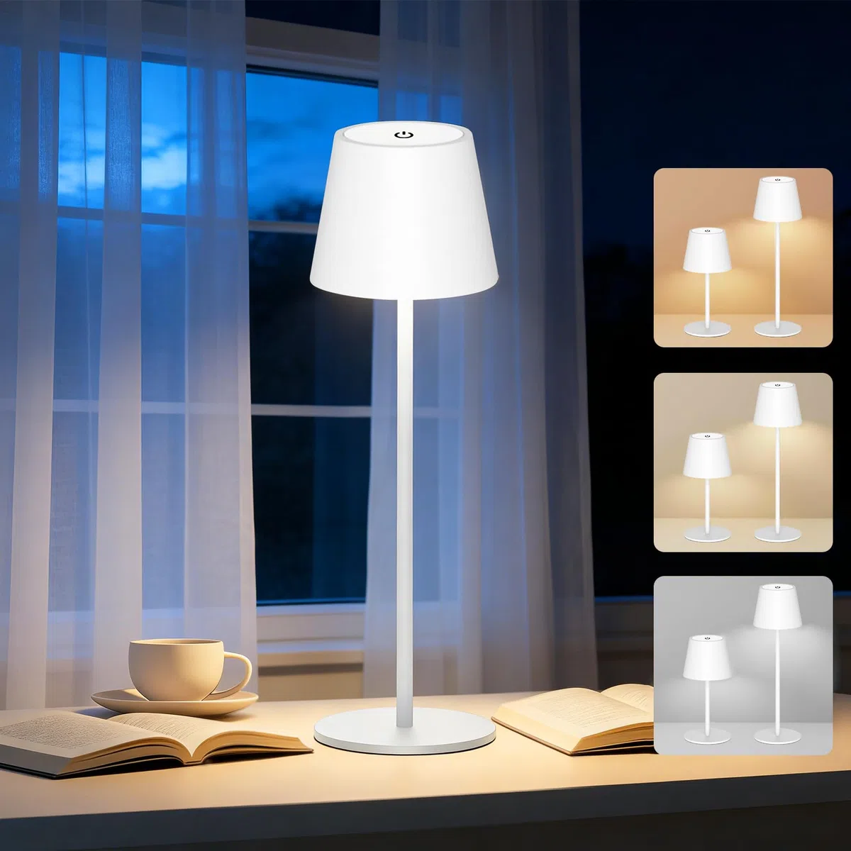 ANTELA Lampada da Tavolo LED Senza Fili Ricaricabile, Dimmer Touch 3000K/4000K/5000K, Lampada da Scrivania Portabile, IP44, per Interni/Esterni, Ristorante/Camera da Letto/Bar, Bianco