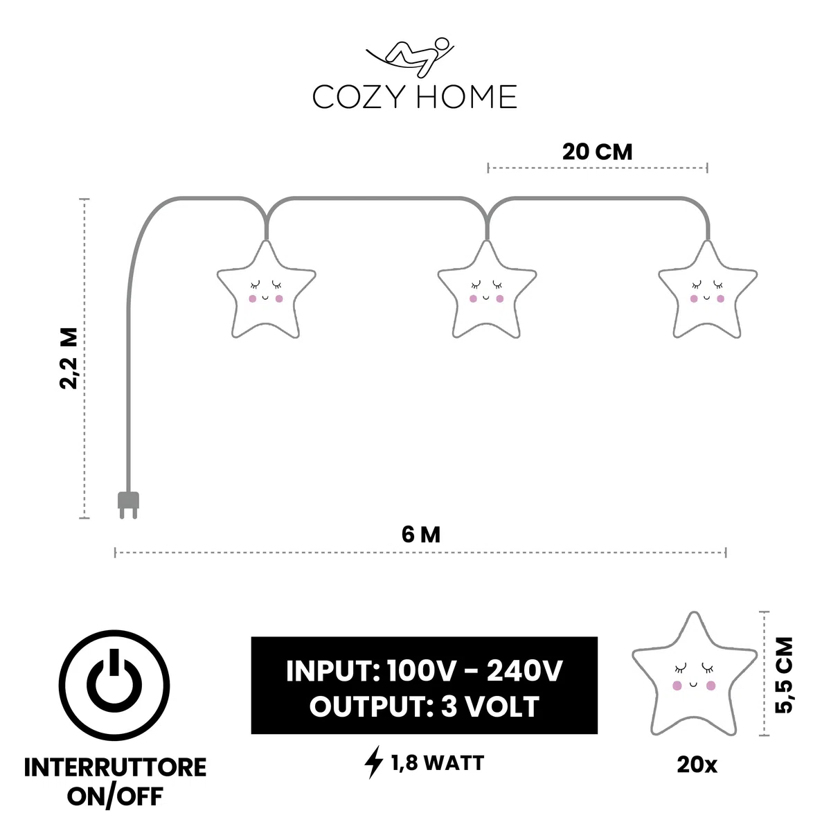 CozyHome Lucine led decorative stella per bambini - 6 metri & 20 LED in bianco caldo I Con spina I Per interni I Filo led decorative Fairy lights Lucette decorazioni Luci natale interno Luminose