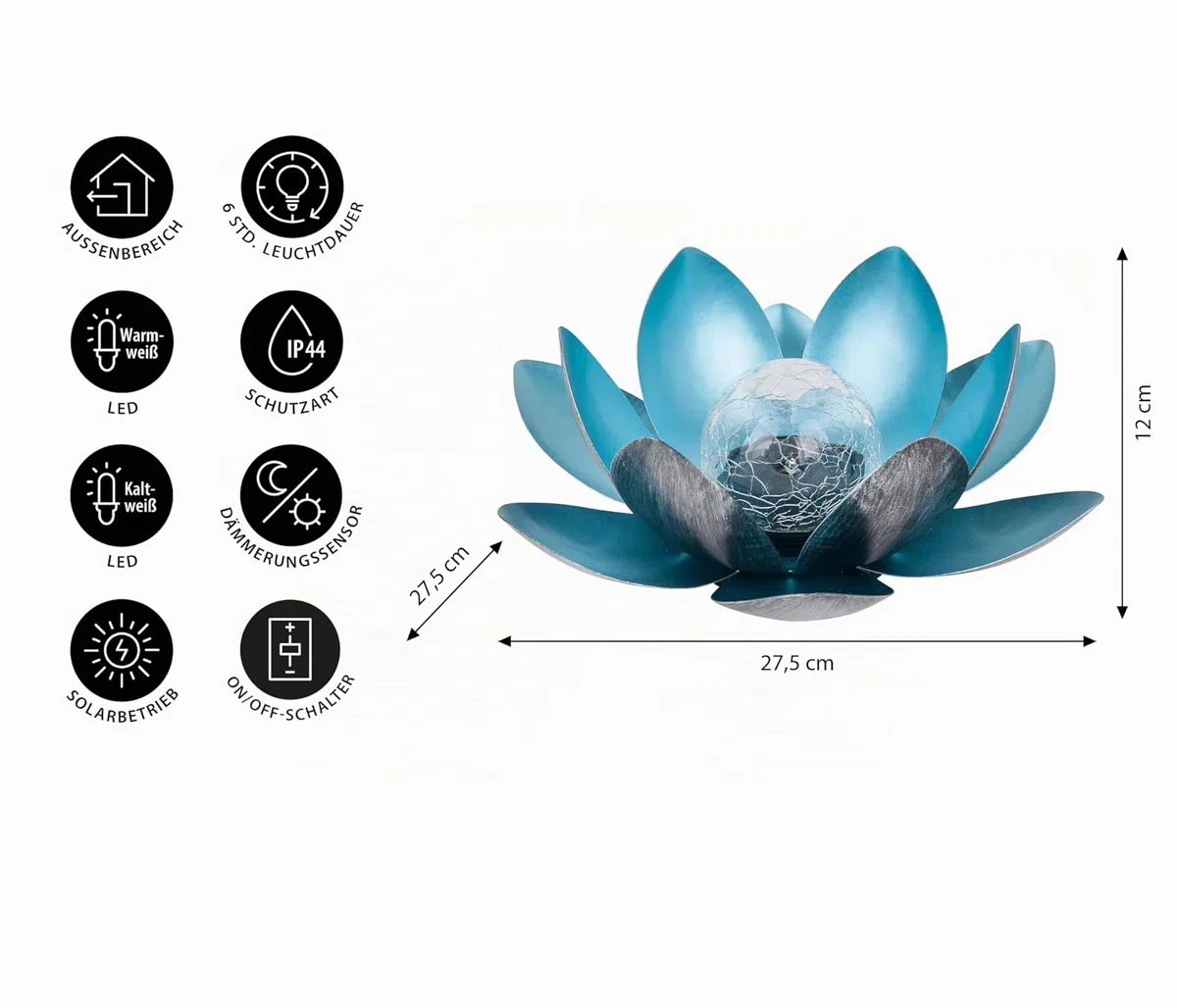 Dehner Lampada Solare Lotus | Decorazione Solare, Illuminazione da Giardino, Decorazione per Esterni, Metallo, Diametro 27,5 cm, Argento/Blu