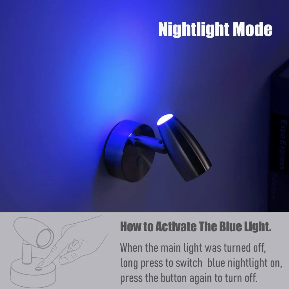 12V Lampade da Lettura LED Camper con Caricatore USB & Luce notturna blu, Girevole Spot Barca Lampada da Parete da Comodino Dimmerabile, Per Caravan Furgone Van, 12-24V DC Finitura nichel
