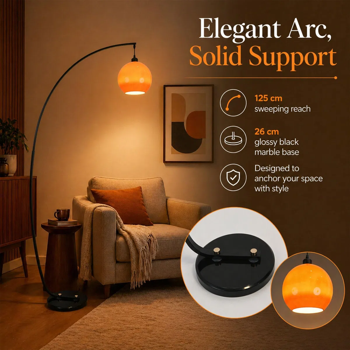 Lampada Da Terra Ad Arco Da 180 CM, Stile Mid-Century Modern, Arancione, Con Globo In Vetro, Attacco E27, 3 Temperature Di Colore, Base In Marmo, Lampada Alta Per Soggiorno E Camera Da Letto