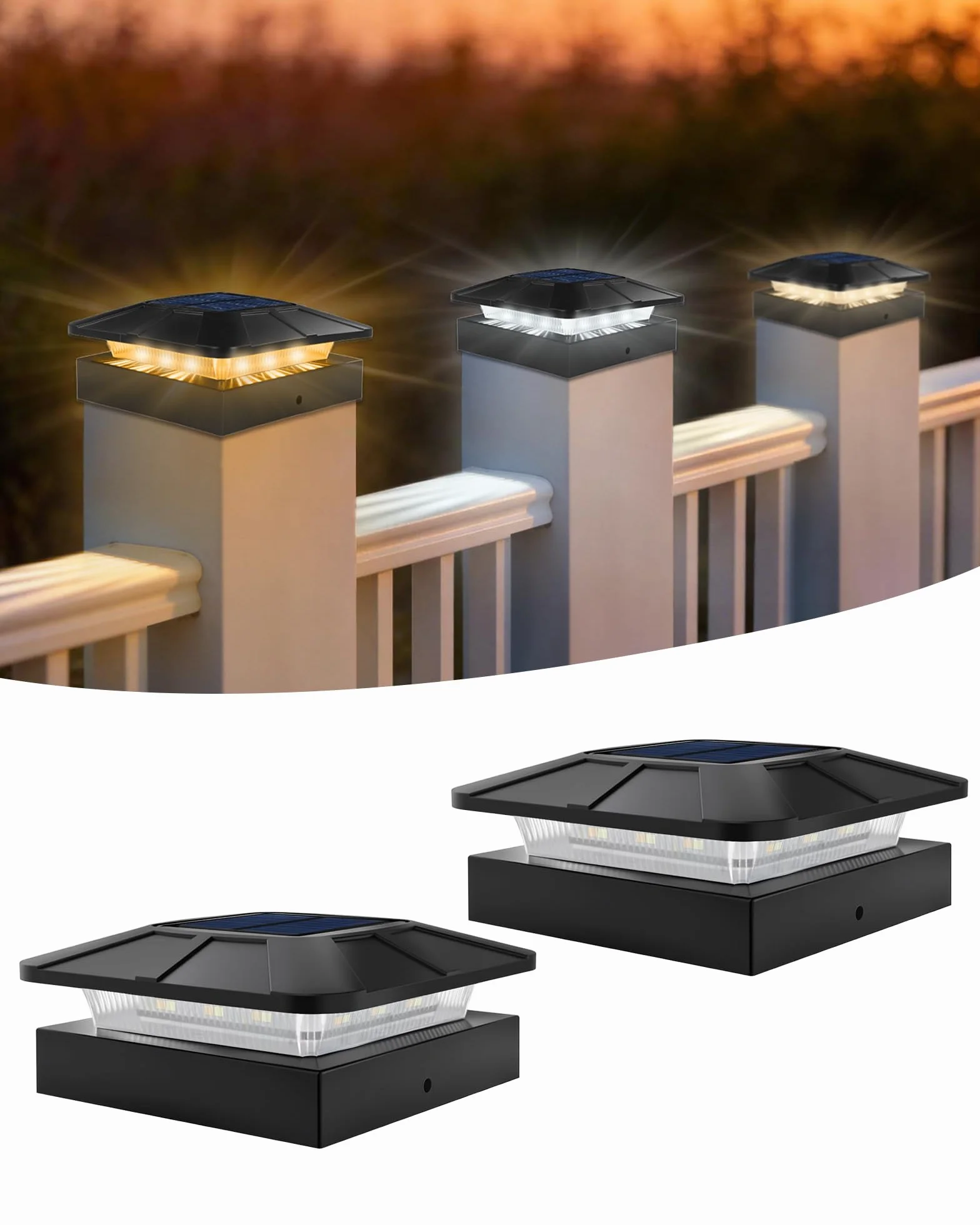BRIMAX Plafoniera Solare per Pali 10x10 CM, 3 Temperature Colore 3000K/4500K/6000K, Regolabile 50%/100%, Autonomia 12-20H, Impermeabile IP65, Luce LED per Pali di Recinzione/Giardino/Terrazza, 2 Pezzi