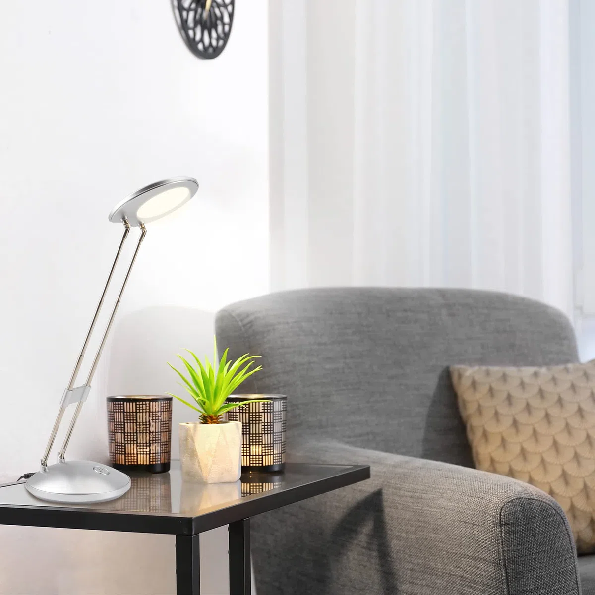 DA LIGHT - Lampada da scrivania a LED, 3000 K, luce bianca calda, 3,6 W, per comodino, da lettura, con supporti retrattili, colore argento, per ufficio, lettura, studio