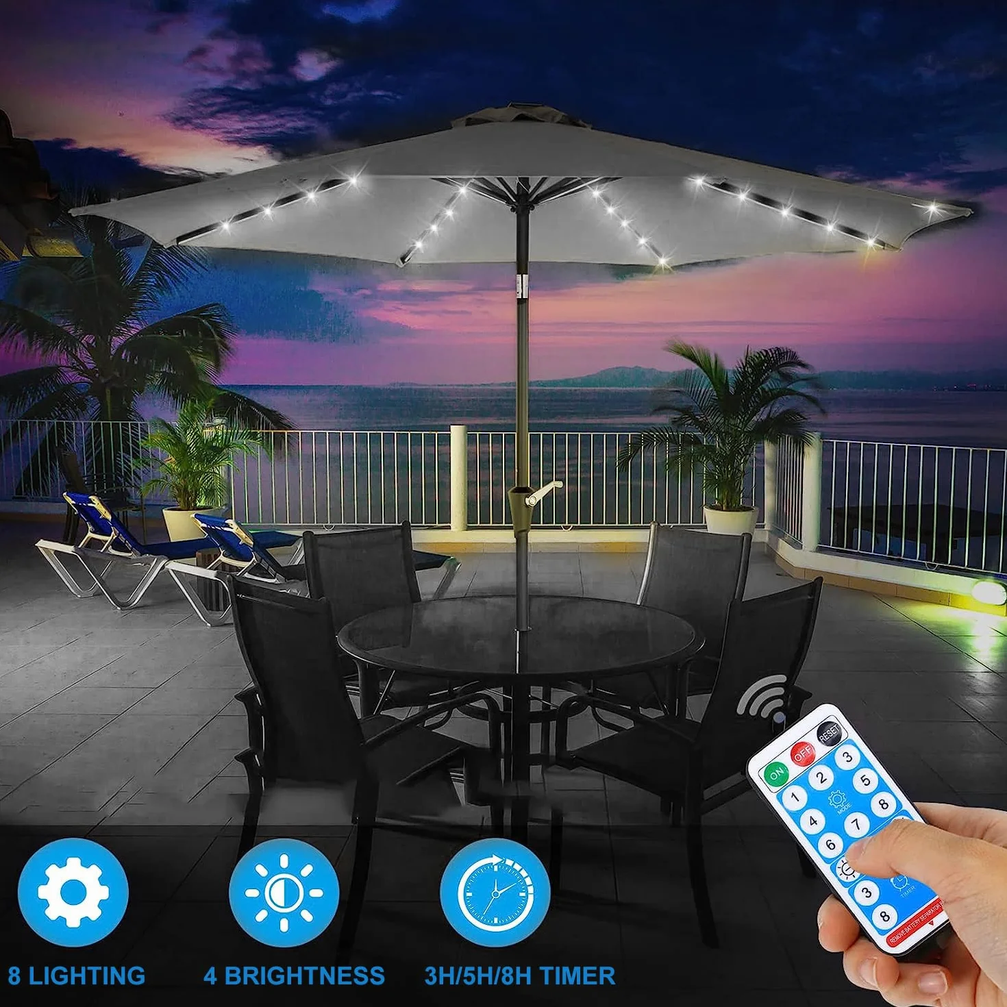 Luci a catena per ombrellone da patio, KINGCOO, luce per ombrellone impermeabile a energia solare con 104 LED, luci per palo da parasole, decorazione, 8 modalità, telecomando per ombrelloni da patio