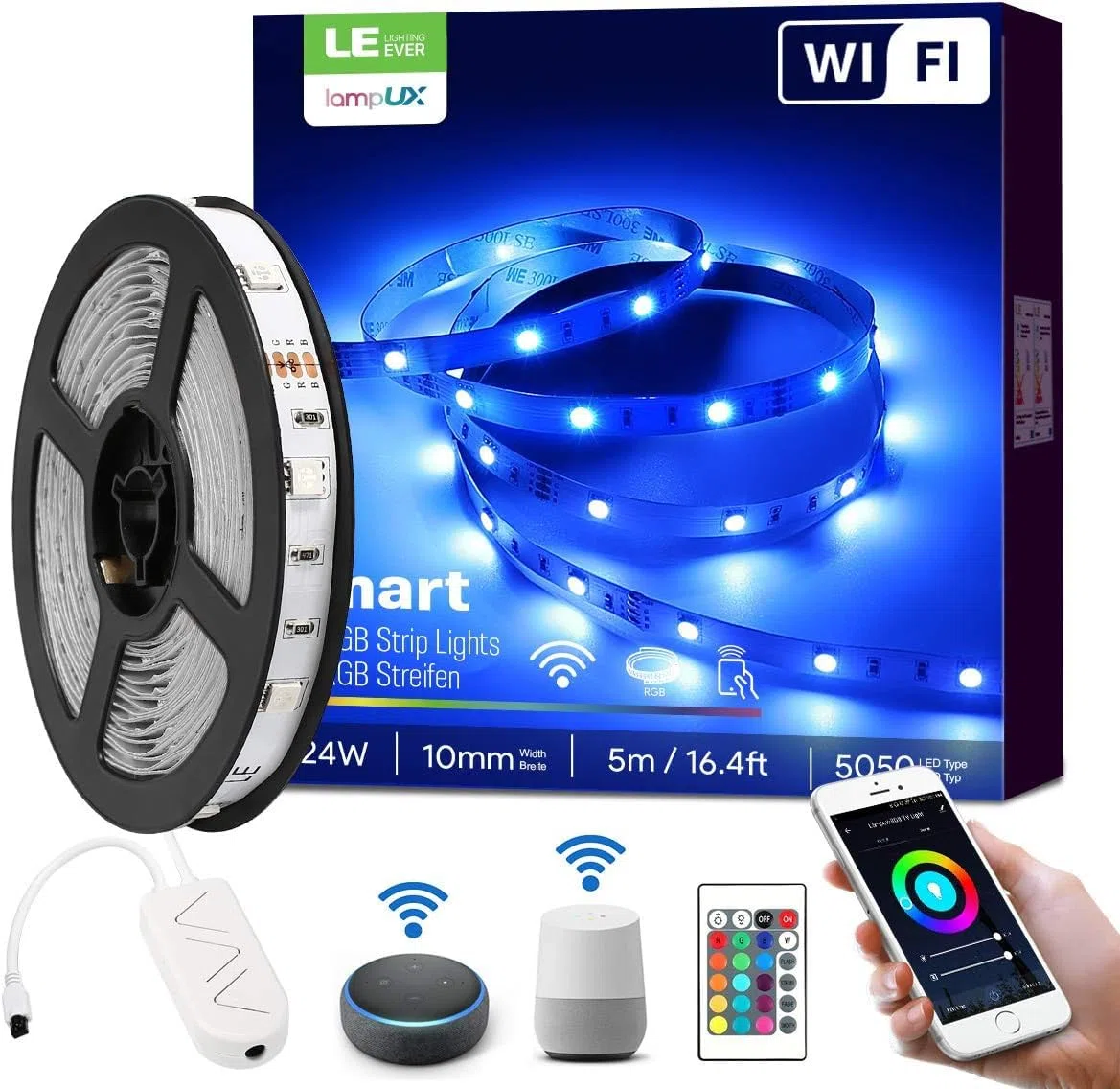 LE Striscia LED 5M RGB WiFi, Strisce LED Intelligente, 16 Milioni Colori, Compatibile con Alexa/Google Home, Smart Striscia Luminosa LED con Telecomando e Controller, Solo 2.4 GHz