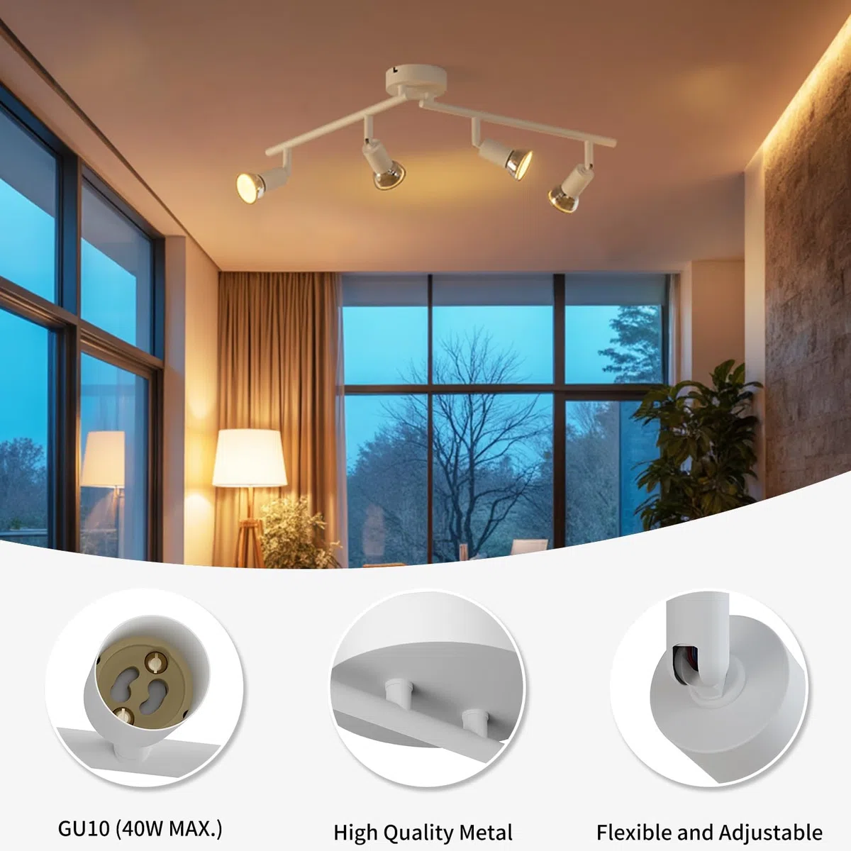 LVWIT Faretti LED da Soffitto Orientabili con 4 Luci GU10, Faretto da Interno Bianco Moderna, Faretti Soffitto per Barra, Salotto,Cameretta, Cucina (Senza Lampadina)