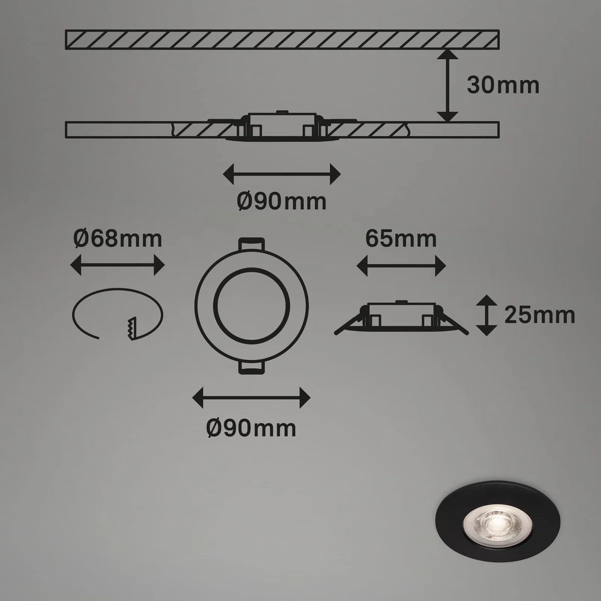 BRILONER - Set di 4 luci LED da incasso a soffitto, luci da incasso ultrapiatte, faretti da incasso per bagno, faretti da incasso per bagno IP44, nero opaco, 90x25 mm (DxH)