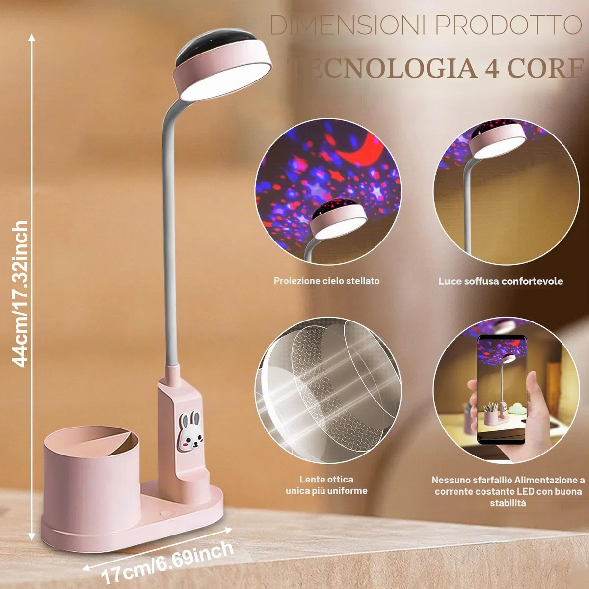Aicharynic Lampada da Scrivania per Bambini: Lampada da Notte LED con Port penna, Lampada da Tavolo Dimmerabile con Proiezione di Stelle, Regolabile a 360°, per Cameretta (Rosa)