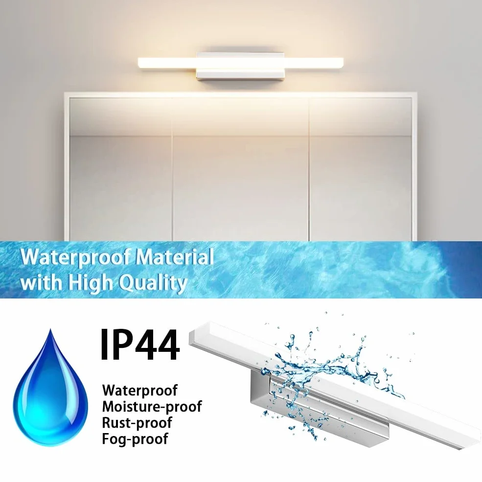 Klighten Lampada da Specchio Bagno 9W 40cm, IP44 Applique LED da Bagno Moderno, Luce Specchio Parete, 600 Lumen, 110-240V, Bianco Caldo 3000K, Cromo