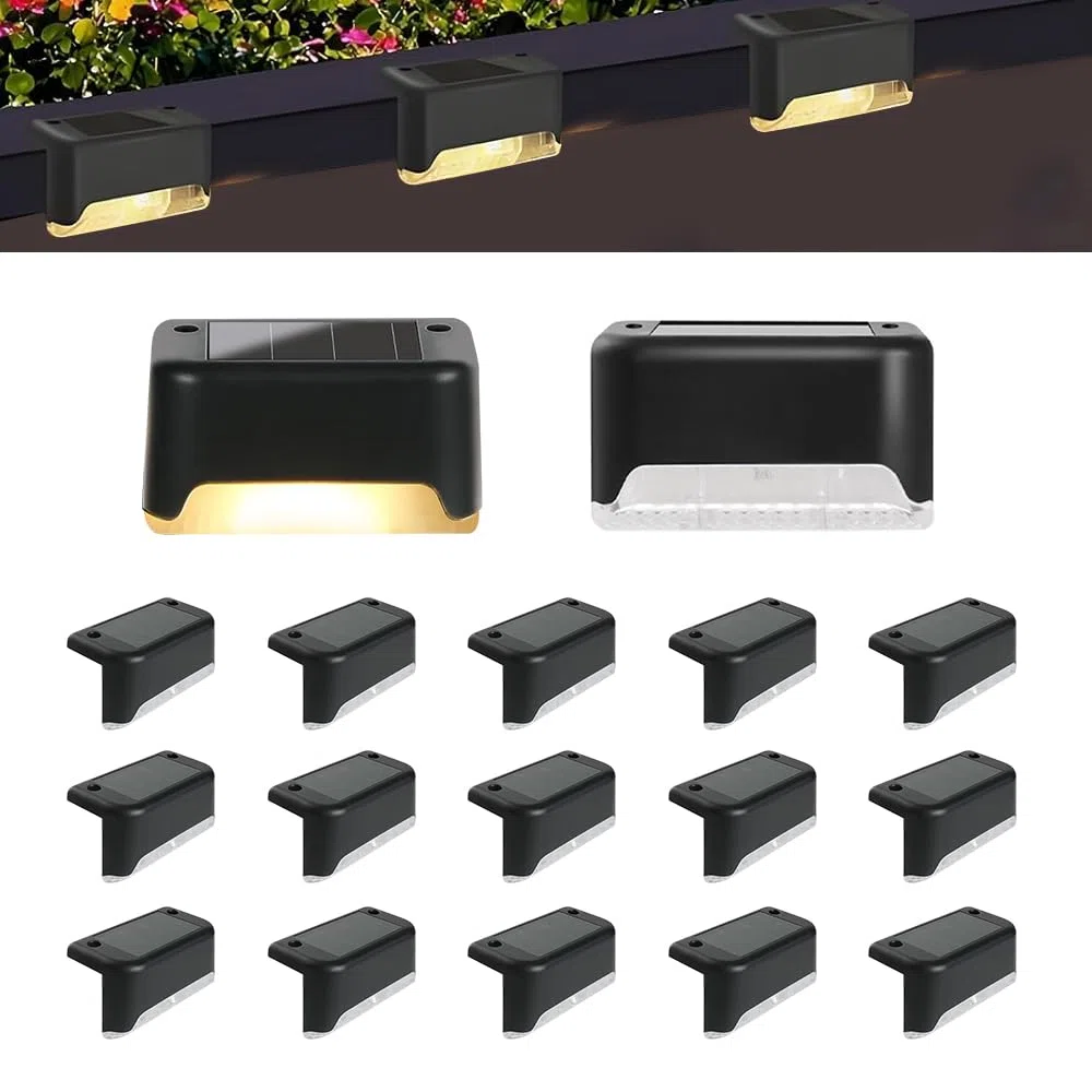 16 Pezzi Luci Solari per Esterni, Luci a LED Impermeabili, Luci Solari Da Giardino per Scale Esterne, Gradini, Recinzioni, Cortili, Patio, Grondaia, Sentiero, Decorazione (Nero, Bianco Caldo)