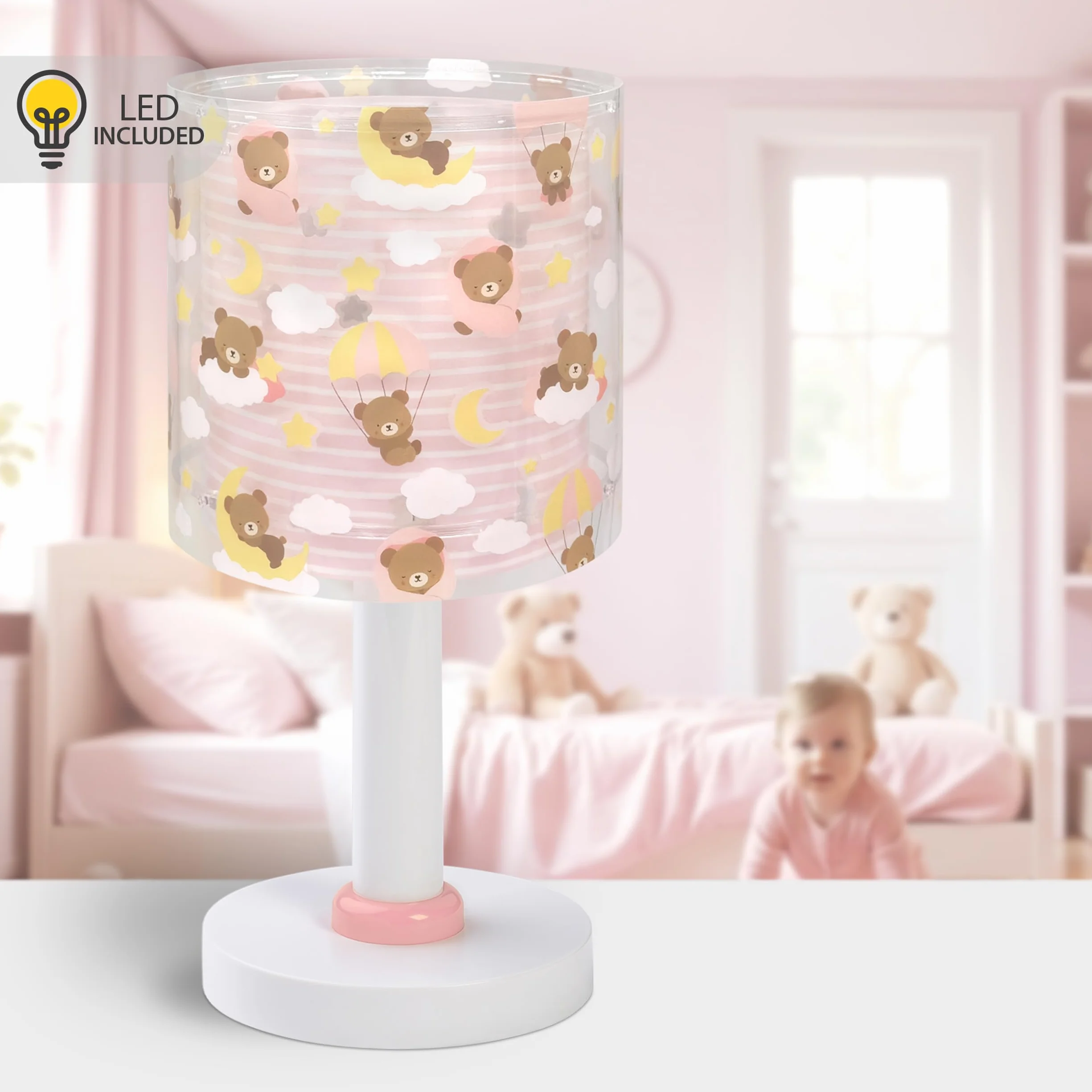 Dalber Lampada da tavolo per bambini, luce da comodino e da notte Baby Teddy Bears Clouds Pink, 41571S, G4-4W LED - Lampadina inclusa