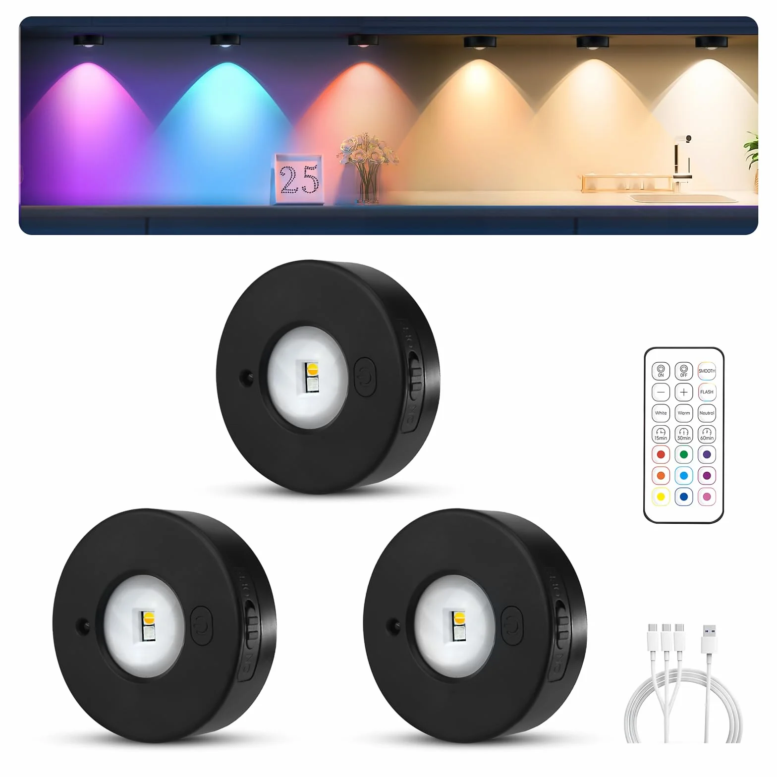 MERTTURM Luce LED Sottopensile Con Telecomando, Luce Notturna 1200mAh Ricaricabile Colorata che Cambia Lampada Armadio, Lampada Spot a LED a Senza Filo Magnetico per Armadio Vetrina, 3pz