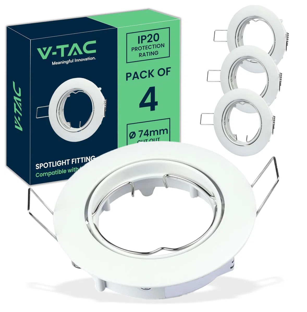 V-TAC 4x Portafaretto LED da Incasso Orientabile in Allumimnio per Faretto GU10-4 Pezzi - Sezione Incasso 74 mm - Cornice Rotonda da Lampadina per Cartongesso, Legno, Mensole, Casa - Ø82 x 25mm