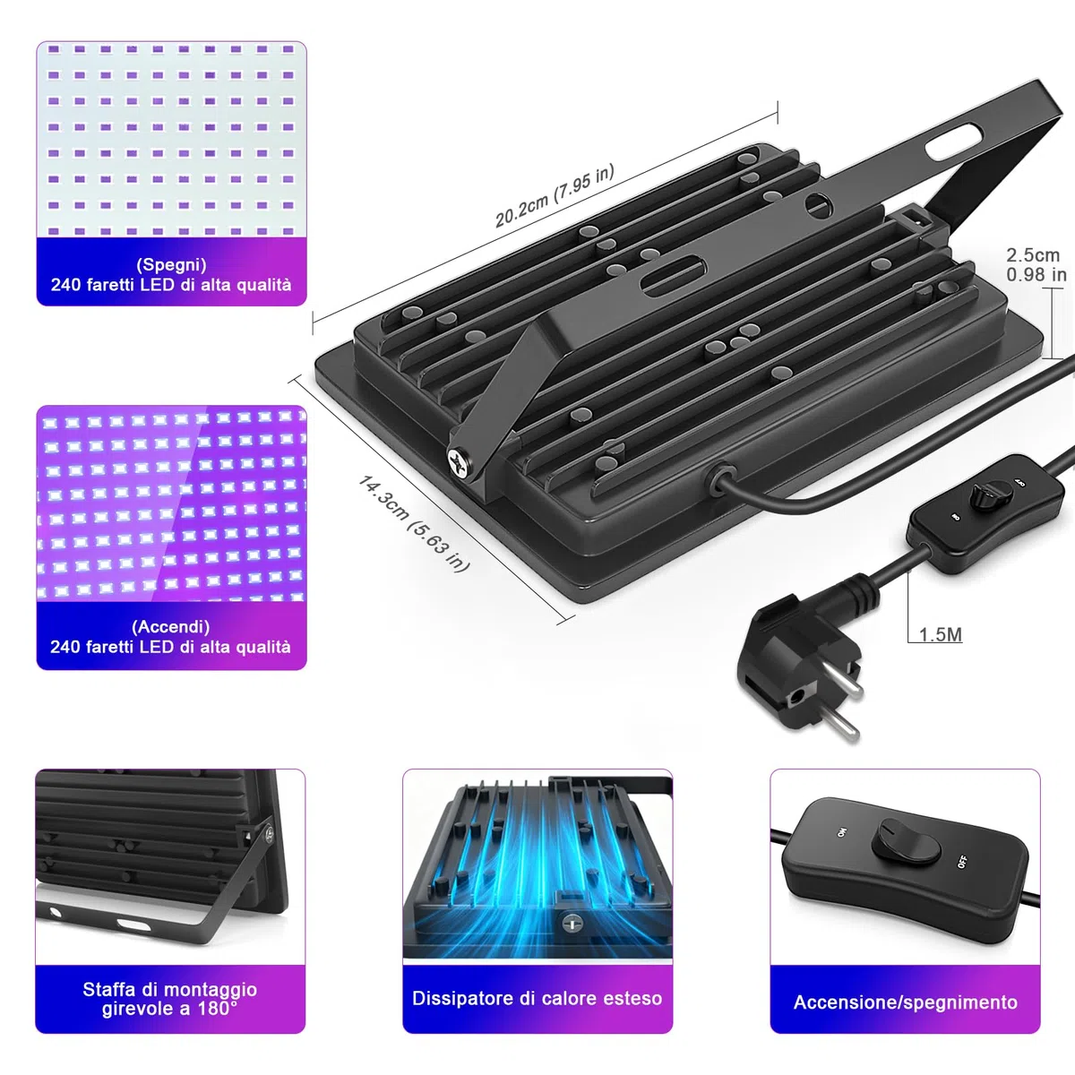 CREATESTAR 100W Faretto UV LED,IP67 Impermeabile Luce Nera UV,385-400nm LED Luce Nera, Lampada uv Con Interruttore per Halloween, Pittura Del Corpo, Poster Fluorescente, Bar, Acquario(1PC)