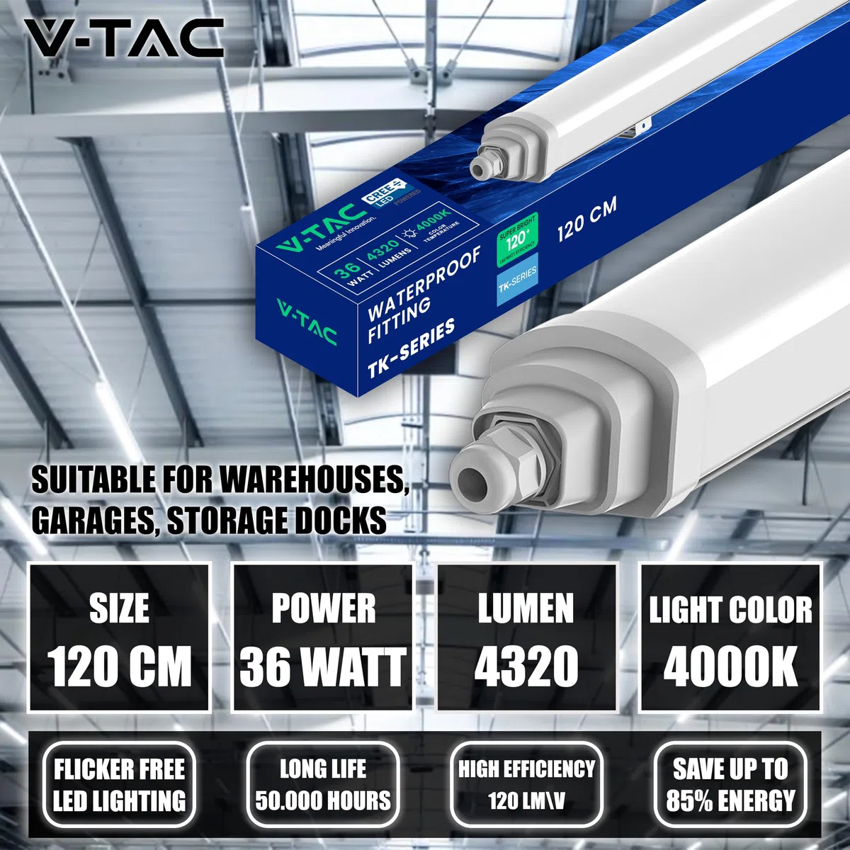 V-TAC Plafoniera LED Impermeabile 120 CM - [CREE LED - TK-SERIES ] - 36W - Lampada da Esterno IP65 per Soffitto e Parete - 4320 Lumen - PC BODY - Garage, Negozio, Magazzino - Luce Naturale 4000K