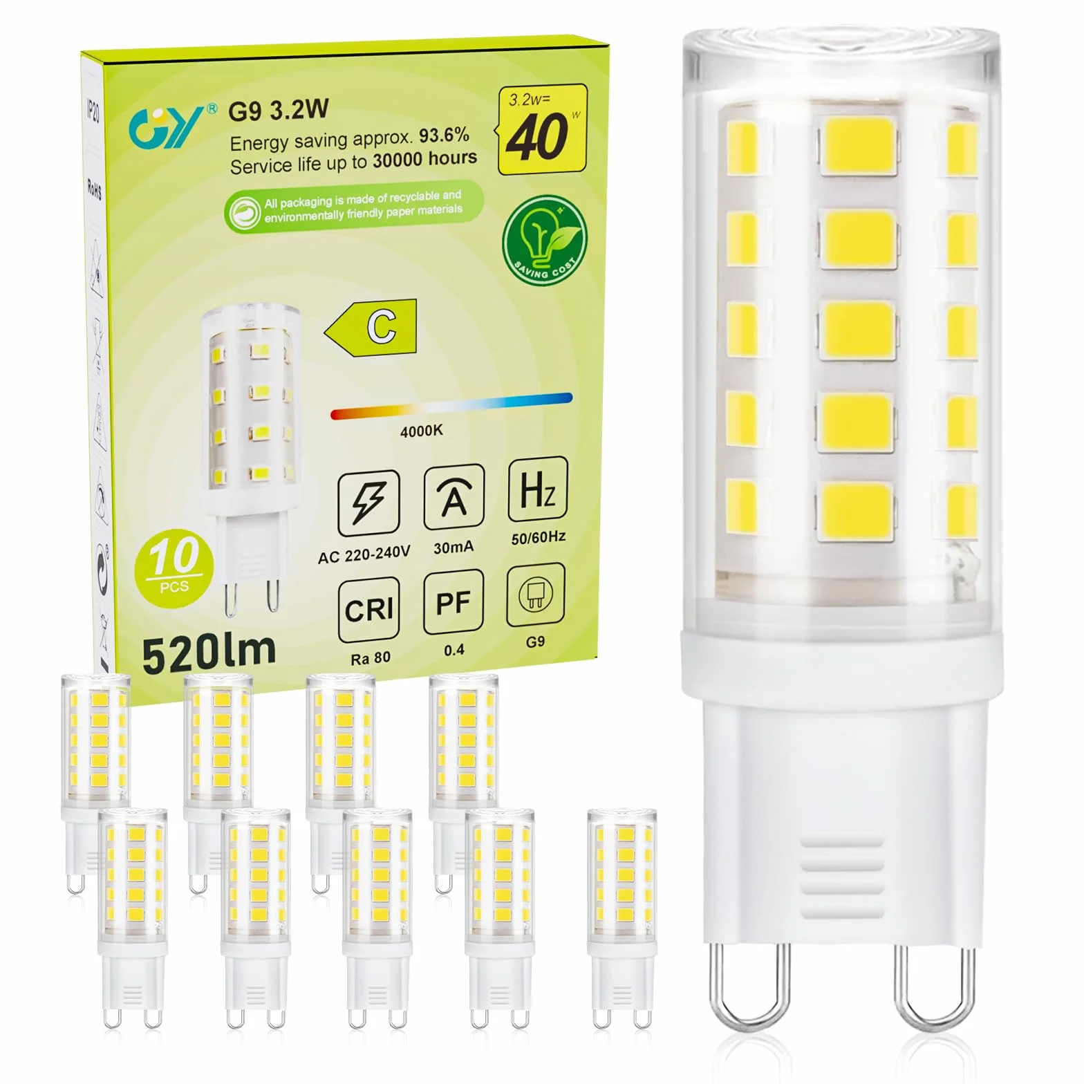 GY Lampadine LED G9, 3.2W Equivalente 40W, 520 Lumen, 4000K Luce Naturale, Attacco G9, Risparmio Energetico, Senza Sfarfallio, Non Dimmerabile, 10 Pezzi