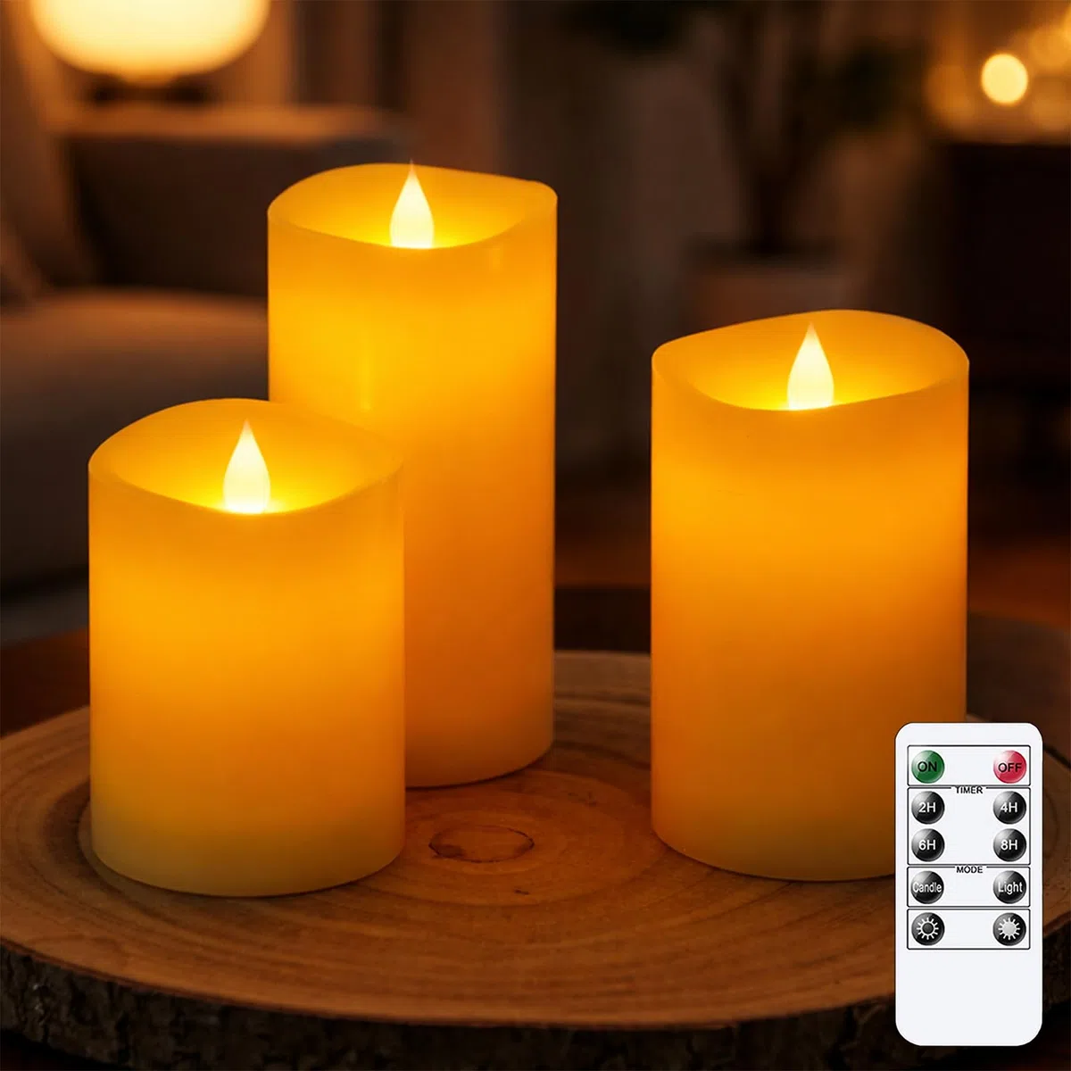 Candele LED con temporizzazione sfarfallante e stoppino mobile in vera cera, Telecomando senza fiamma Confezione da 3 batterie elettriche Avorio 7,5 cm x 10 12,5 15 cm